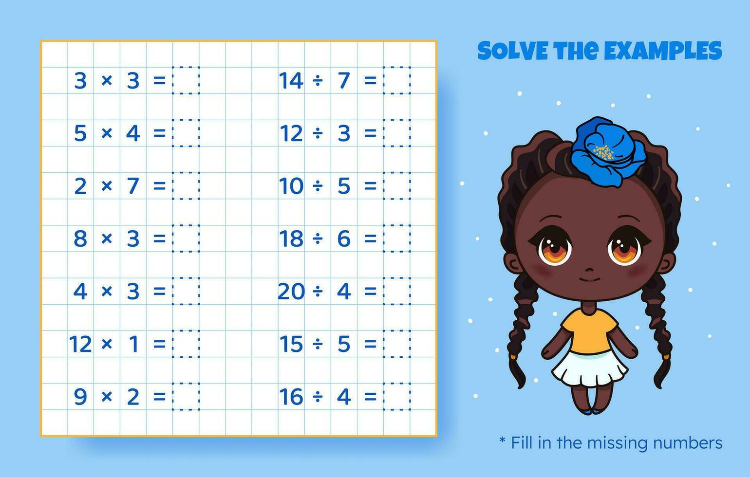 Solve the examples. Multiplication and division up to 20. Mathematical puzzle game. Worksheet for preschool kids. Vector illustration. Cartoon educational game with cute anime girl for children.