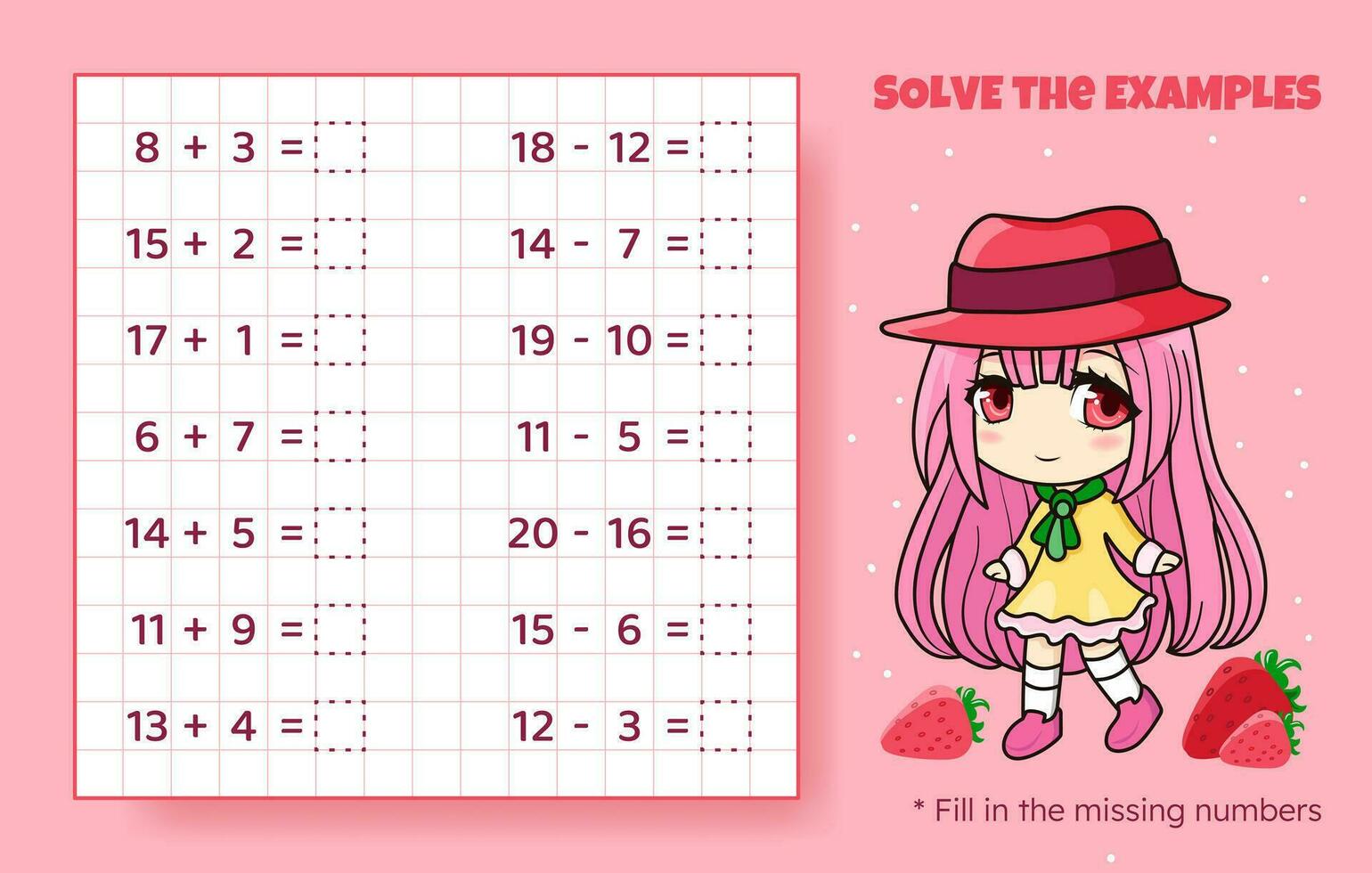 Solve the examples. Addition and subtraction up to 20. Mathematical puzzle game. Worksheet for preschool kids. Vector illustration. Cartoon educational game with cute anime girl for children.