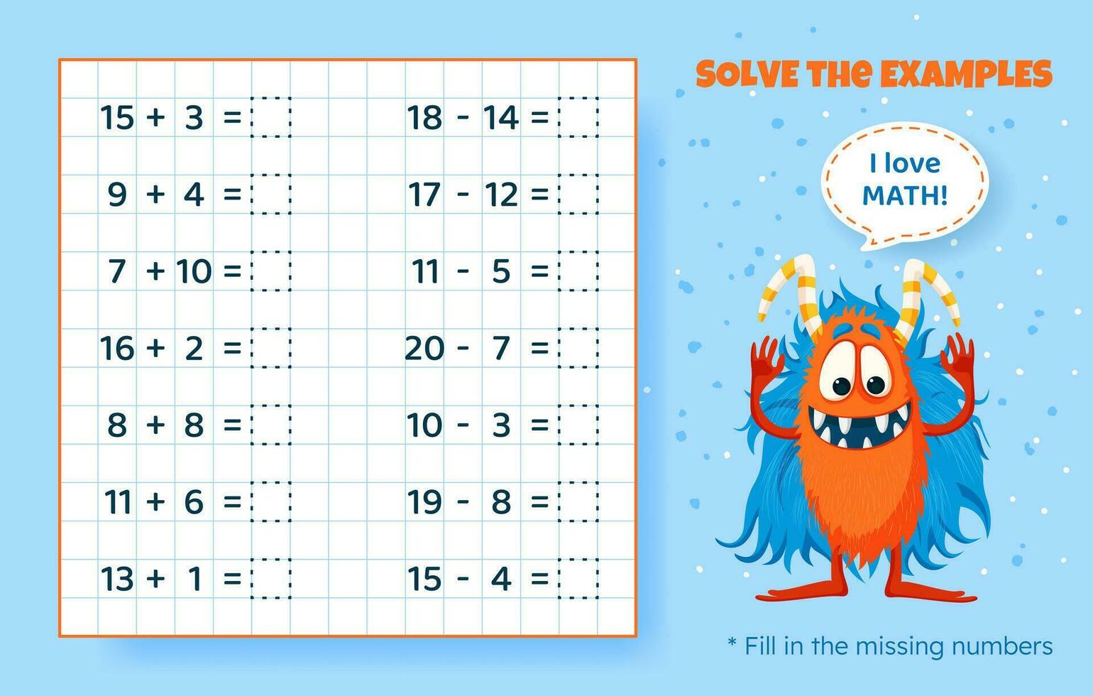 Solve the examples. Addition and subtraction up to 20. Mathematical puzzle game. Worksheet for preschool kids. Vector illustration. Cartoon educational game with cute monster for children.