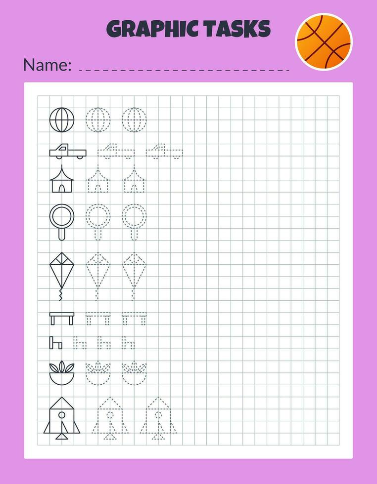 Drawing by cells. Educational game for preschool children. Worksheets for practicing logic and motor skills. Game for kids. Graphic tasks with different objects and elements. Vector illustration