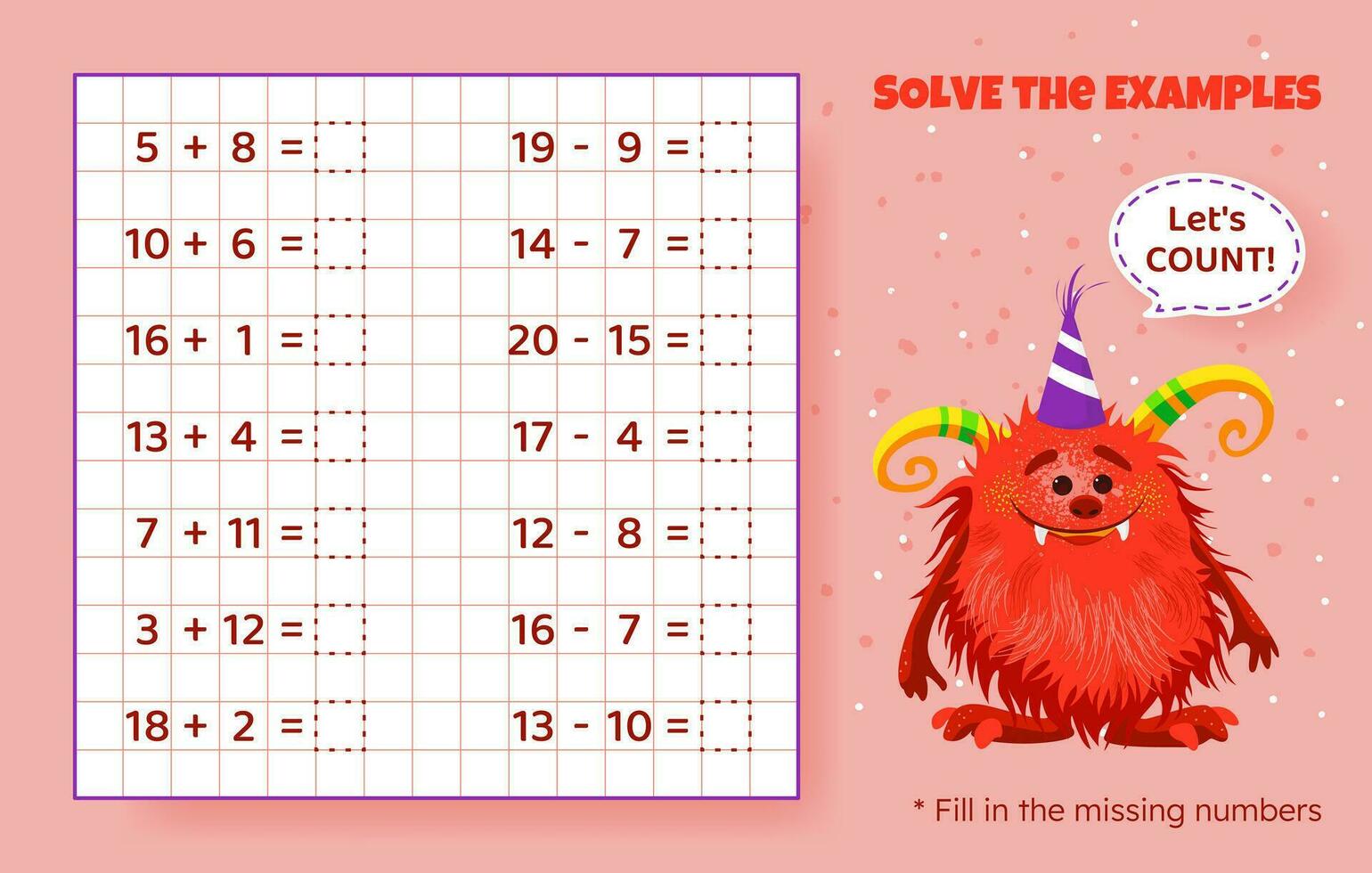 Solve the examples. Addition and subtraction up to 20. Mathematical puzzle game. Worksheet for preschool kids. Vector illustration. Cartoon educational game with cute monster for children.