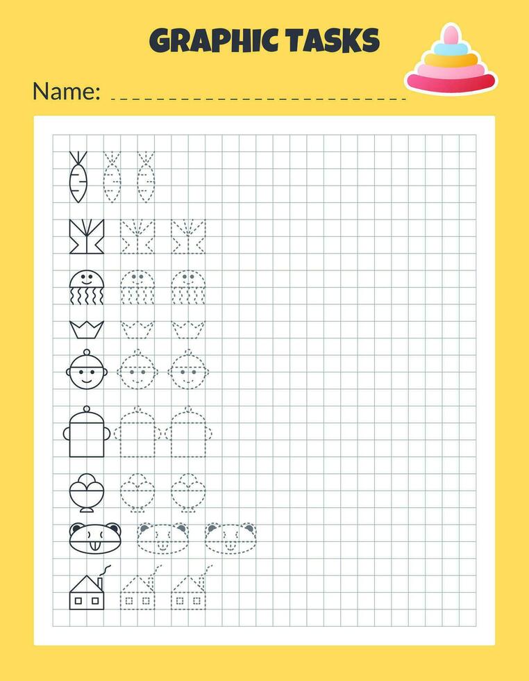 Drawing by cells. Educational game for preschool children. Worksheets for practicing logic and motor skills. Game for kids. Graphic tasks with different objects and elements. Vector illustration