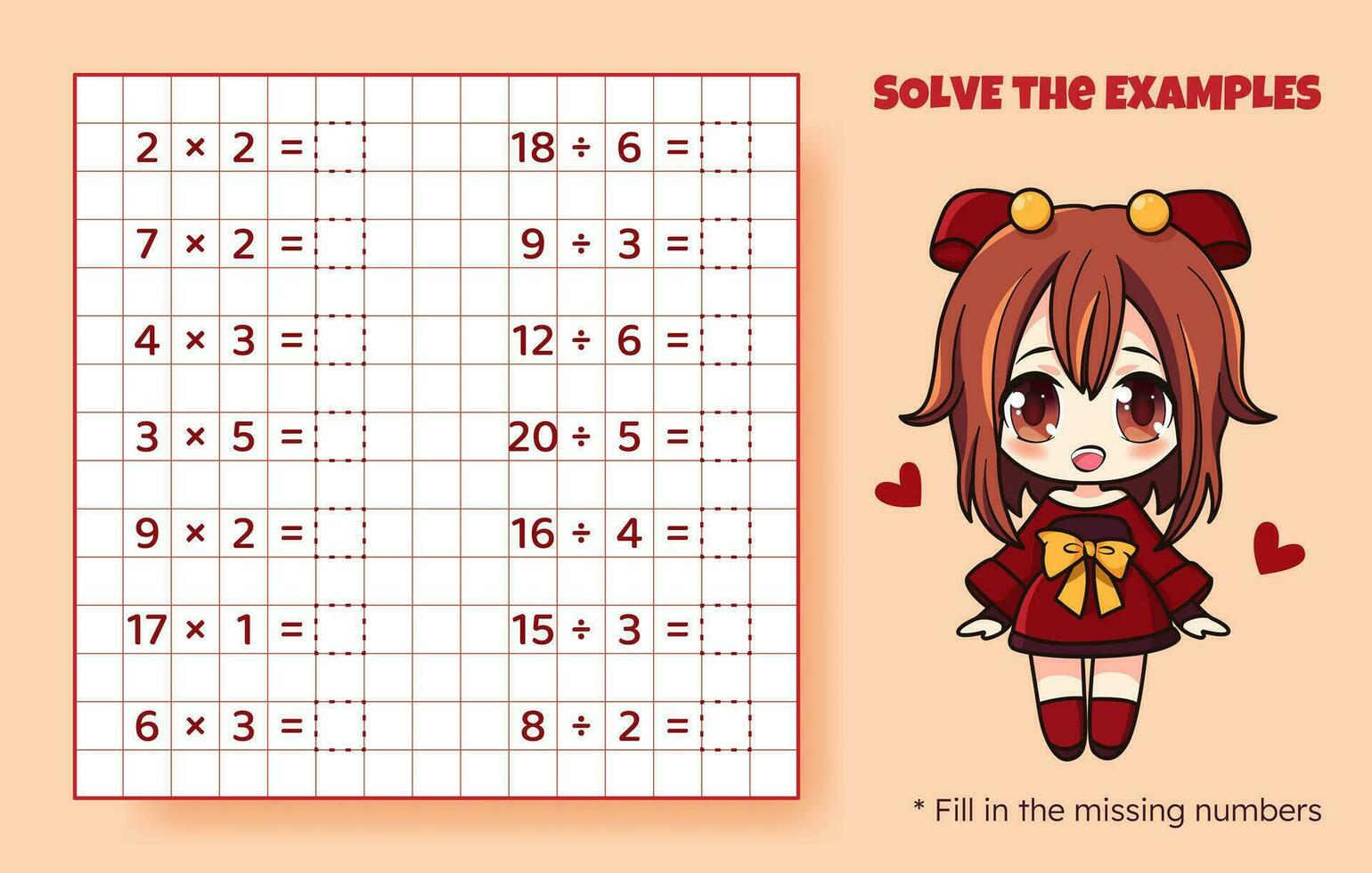 Solve the examples. Multiplication and division up to 20. Mathematical puzzle game. Worksheet for preschool kids. Vector illustration. Cartoon educational game with cute anime girl for children.