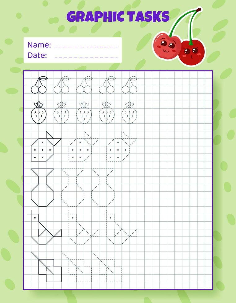 Drawing by cells. Educational game for preschool children. Worksheets with cherry for practicing logic, motor skills. Graphic tasks for kids with different objects and elements. Vector illustration.