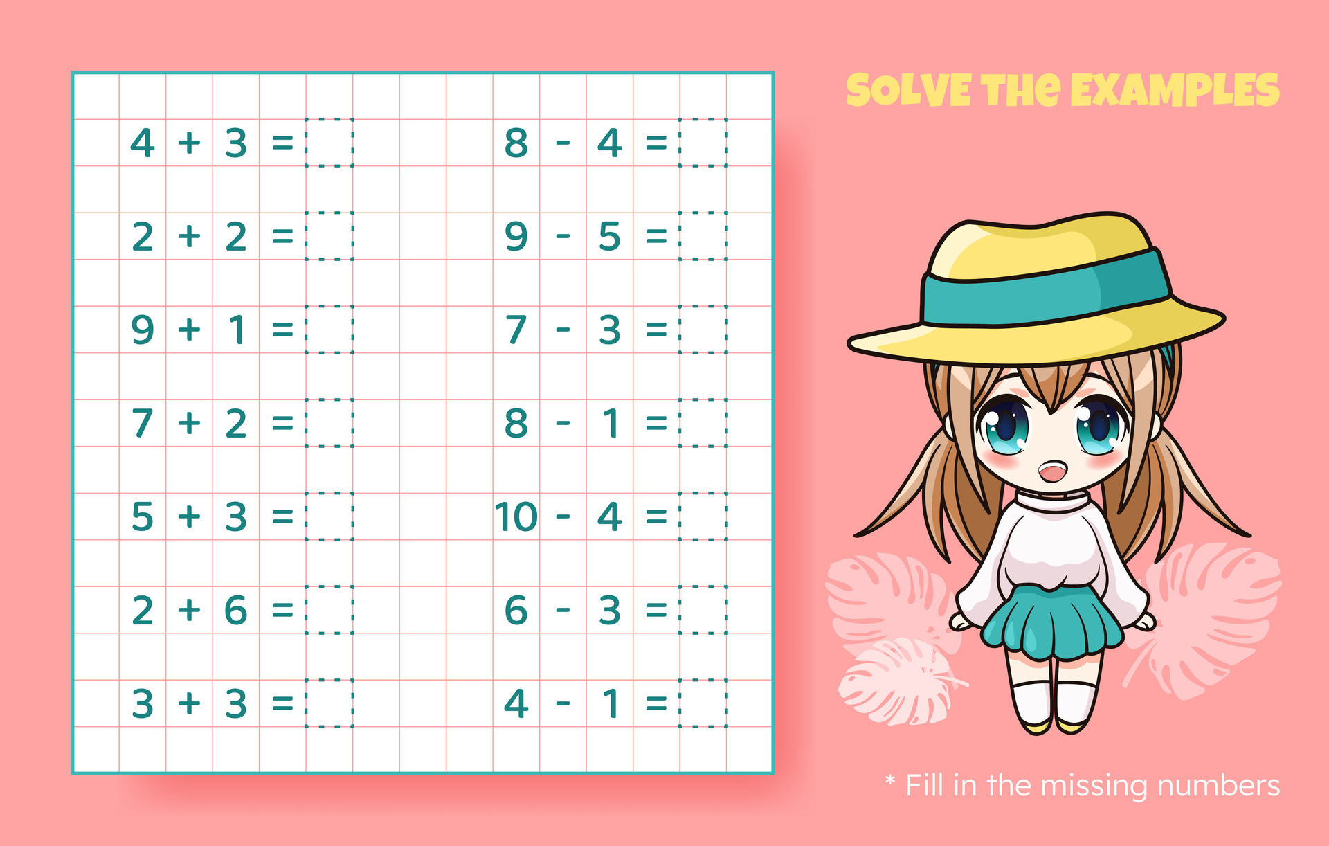 Solve the examples addition and subtraction up to 10 mathematical