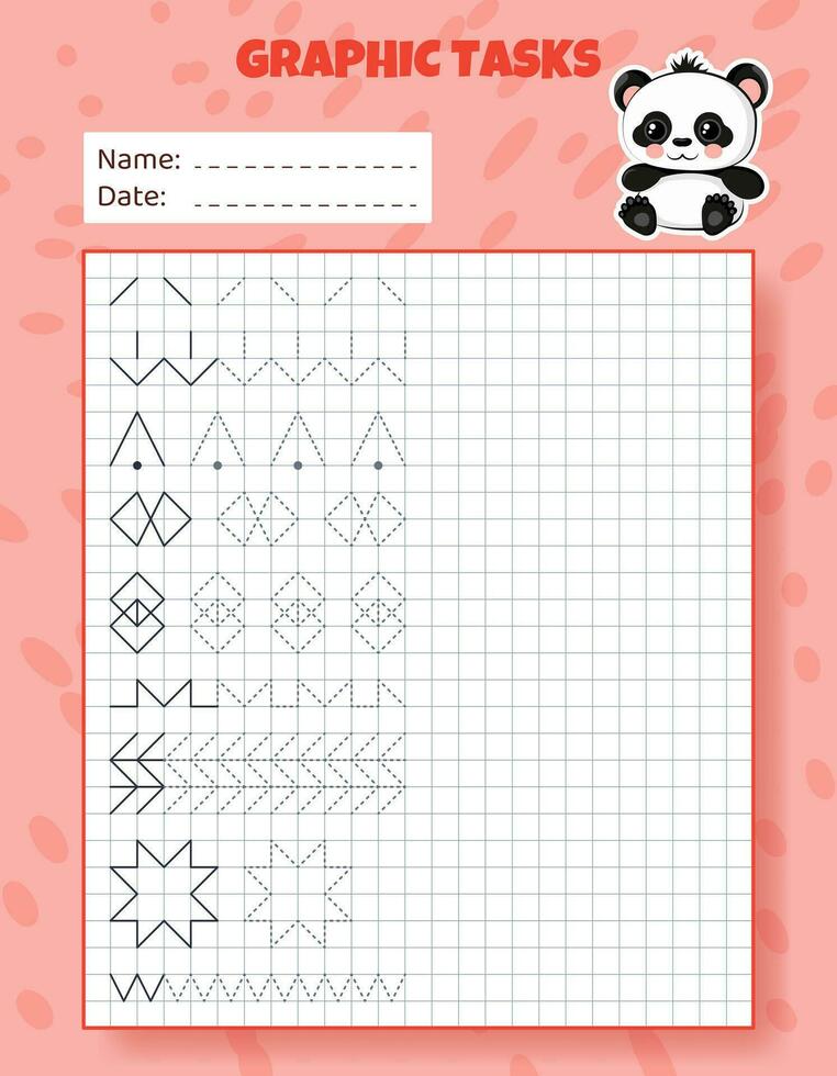 Drawing by cells. Educational game for preschool children. Worksheets with panda for practicing logic, motor skills. Graphic tasks for kids with different objects and elements. Vector illustration