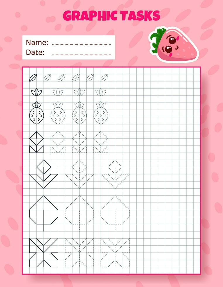 Drawing by cells. Educational game for preschool children. Worksheets with strawberry for practicing logic, motor skills. Graphic tasks for kids with different objects and elements. Vector