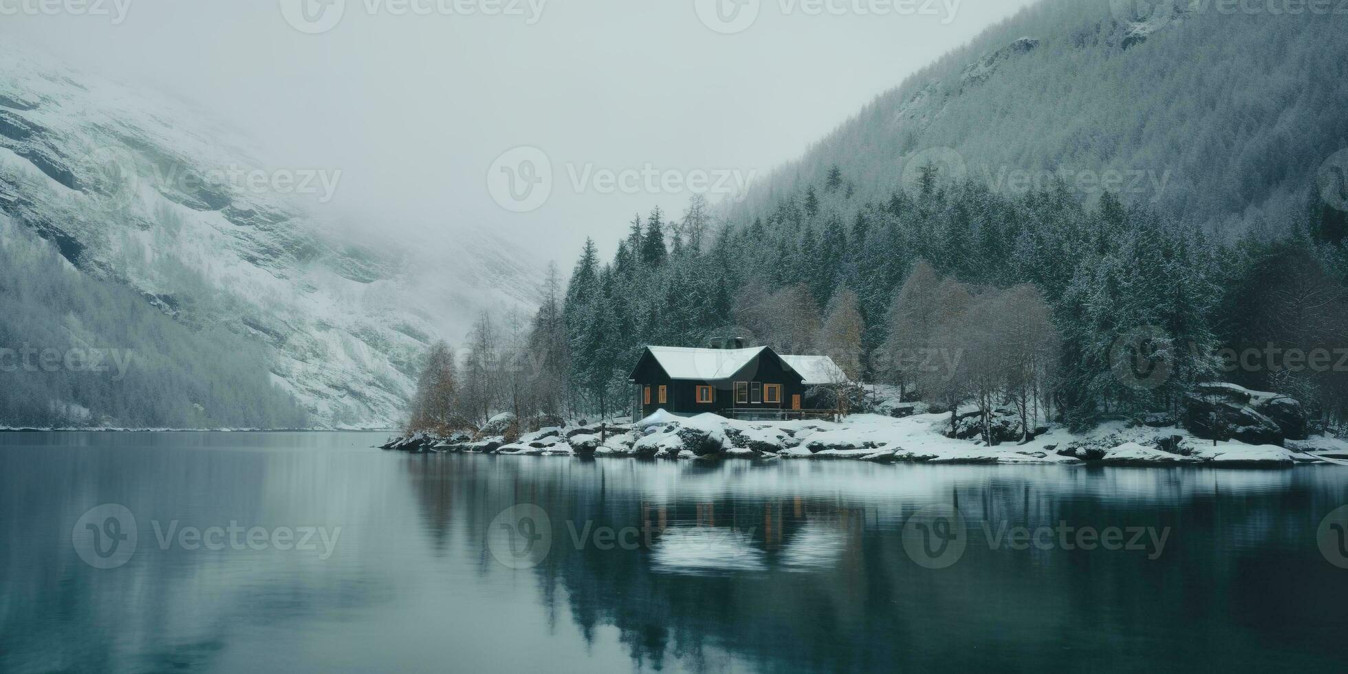 Generative AI, Winter aesthetic landscape with house panorama, muted neutral colors, forest and mountains.. photo