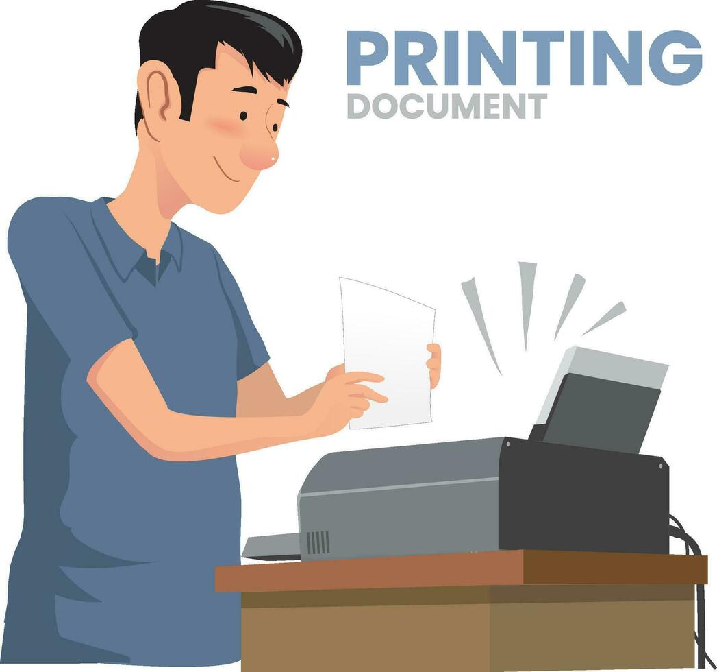 illustration of a guy printing a document using printer vector