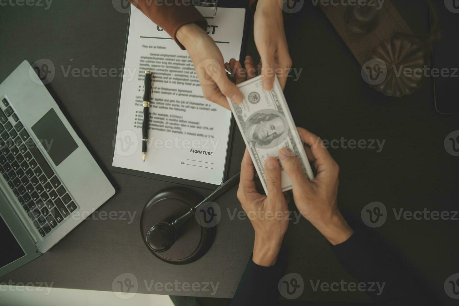 Business and lawyers discussing contract papers with brass scale on desk in office. Law, legal services, advice, justice and law concept picture with film grain effect photo
