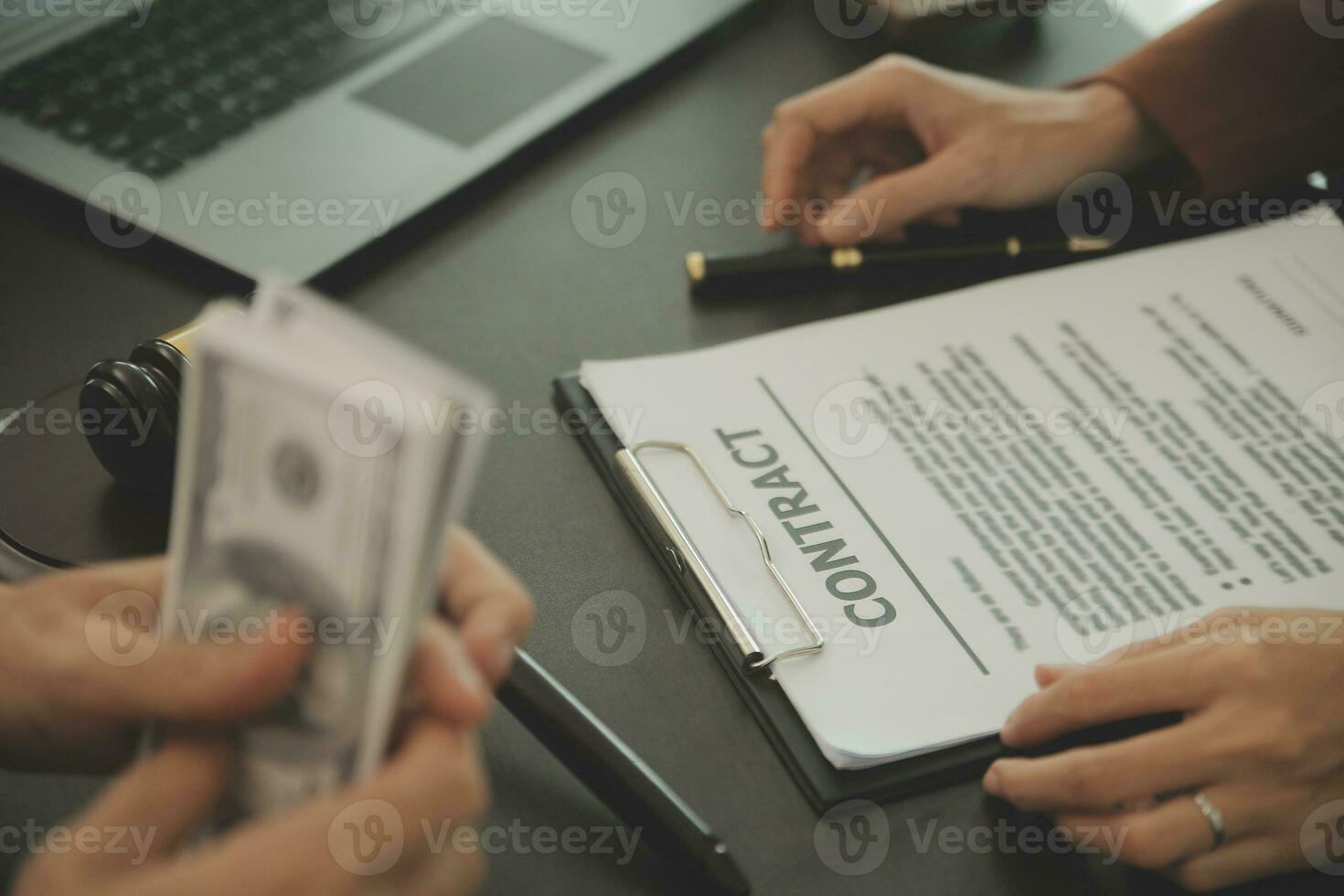 Business and lawyers discussing contract papers with brass scale on desk in office. Law, legal services, advice, justice and law concept picture with film grain effect photo