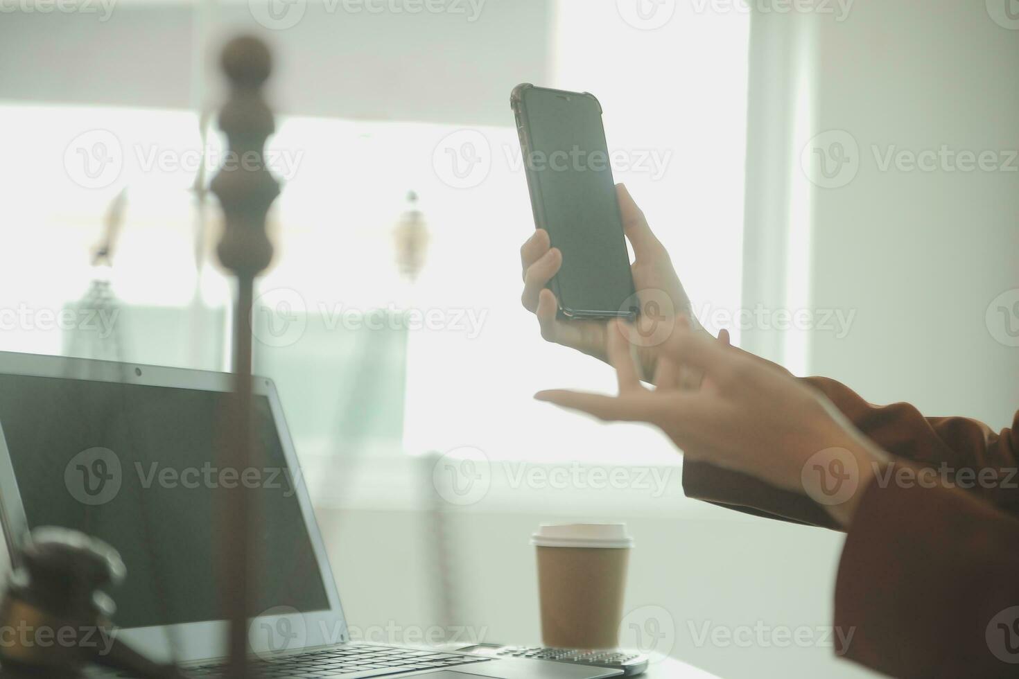 Business and lawyers discussing contract papers with brass scale on desk in office. Law, legal services, advice, justice and law concept picture with film grain effect photo
