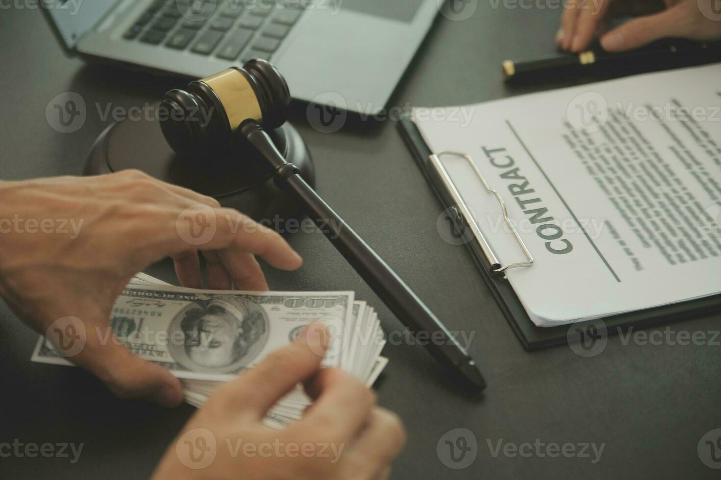 Business and lawyers discussing contract papers with brass scale on desk in office. Law, legal services, advice, justice and law concept picture with film grain effect photo