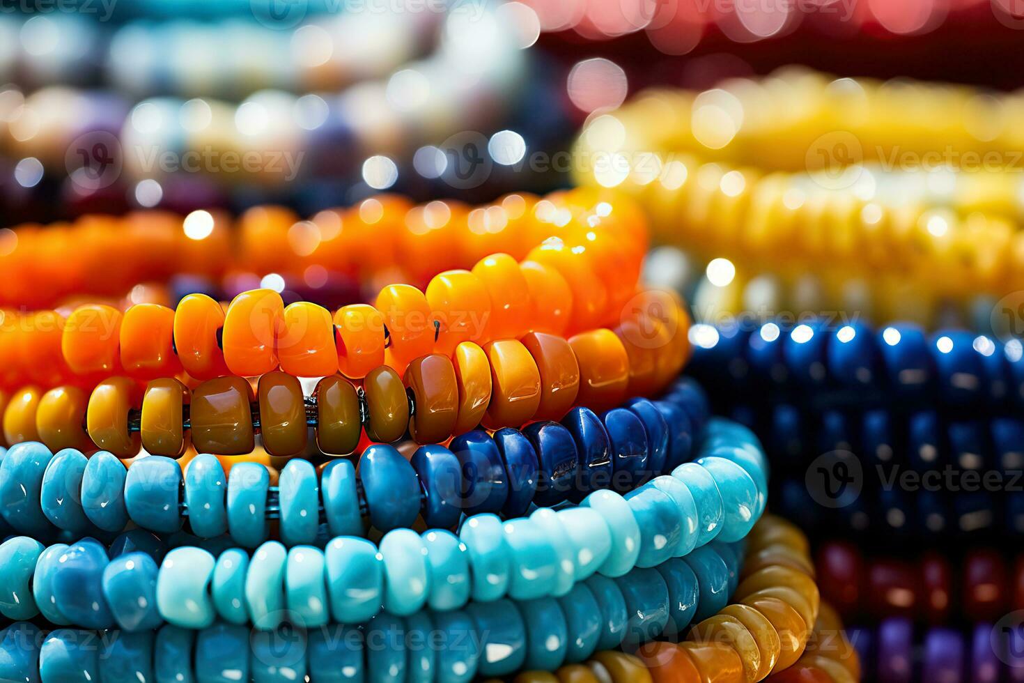 Beaded bracelets in different colors. Generated by artificial intelligence photo