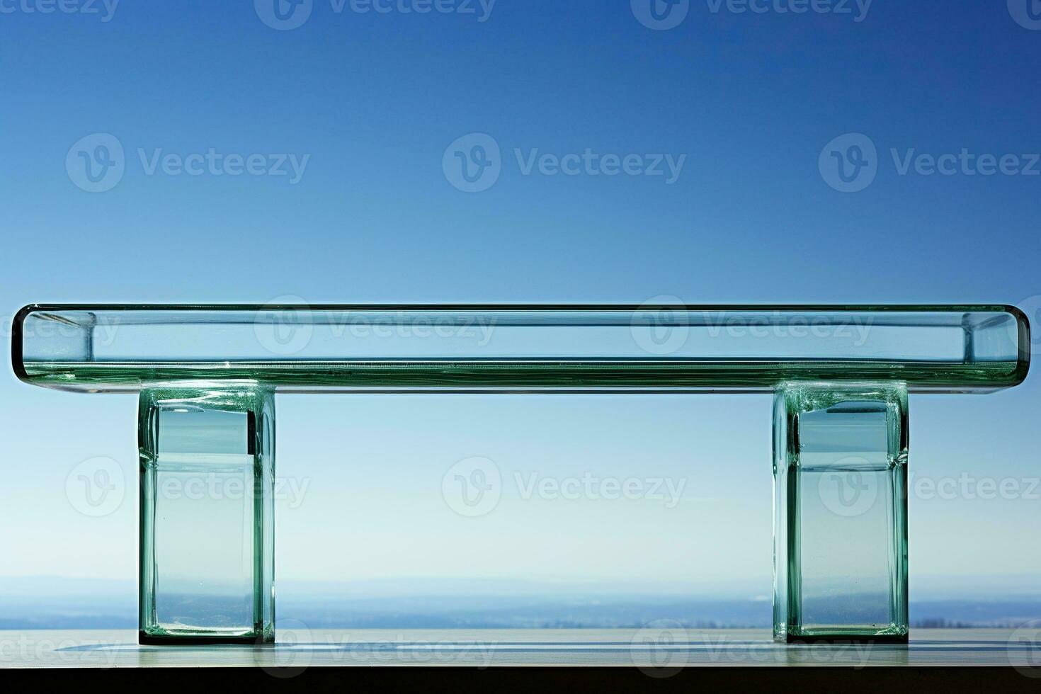 A glass bench in an open area at the top with views of the nature below. Close-up. Generated by artificial intelligence photo