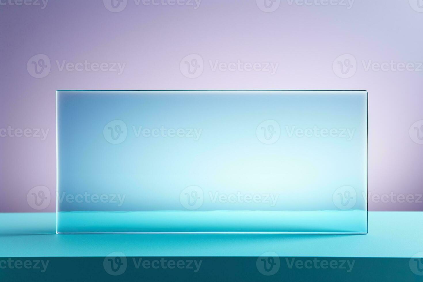 Transparent glass rectangle on a turquoise podium. Frosted glass texture. Generated by artificial intelligence photo