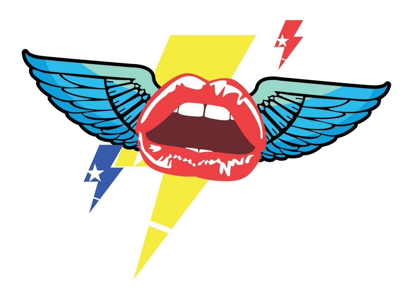 T-shirt design with winged red lips next to the thunderbolt symbol. vector