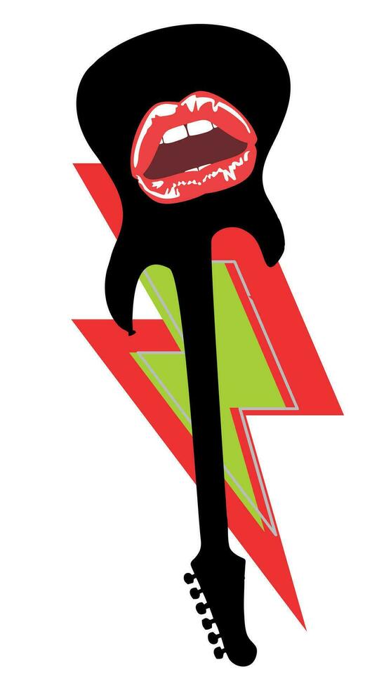 camiseta diseño de un eléctrico guitarra con rojo labios y el símbolo de rayo aislado en blanco. glamour rock póster. vector