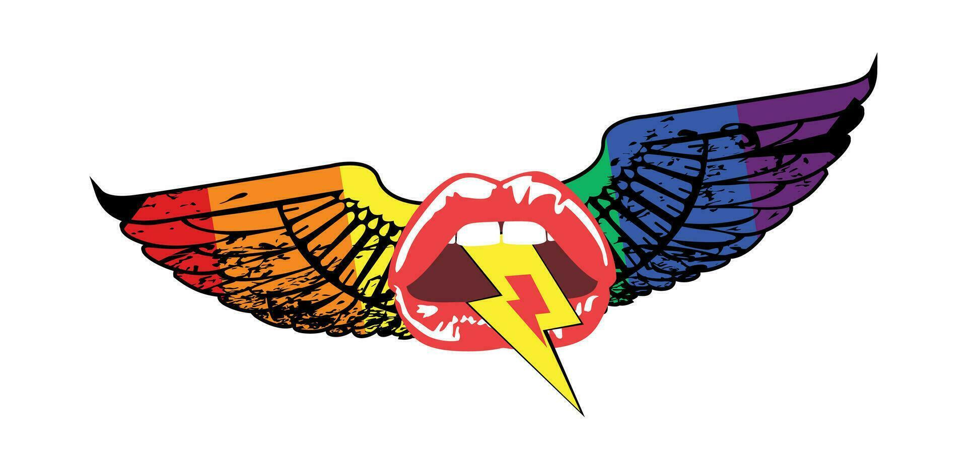 T-shirt design of winged lips with the symbol of thunder. Good illustration for gay pride day. vector
