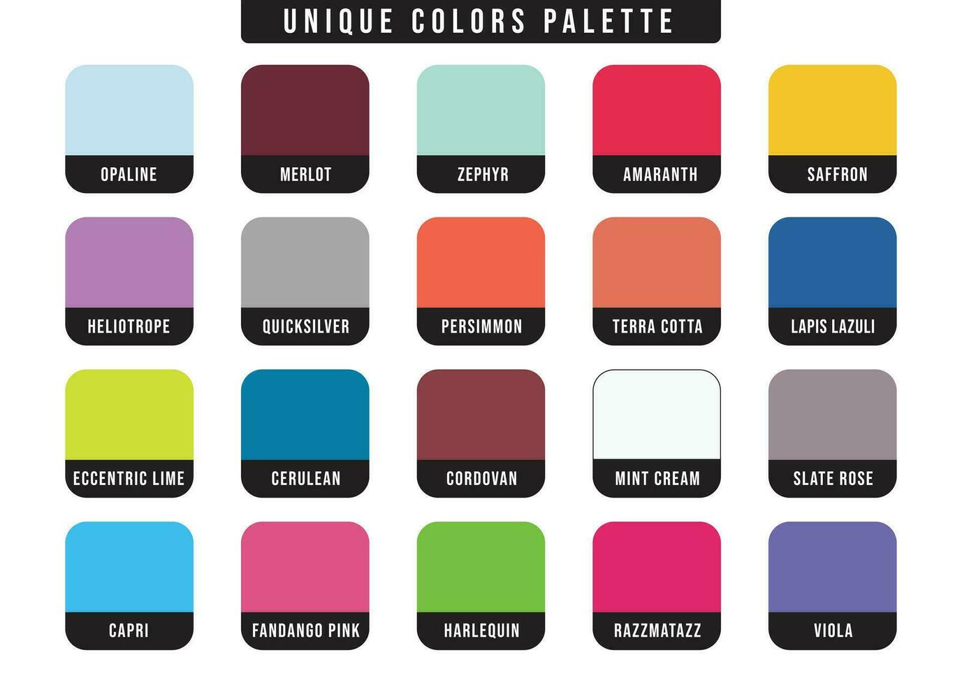 Twenty unique colors set with color name, diverse color palette collection vector