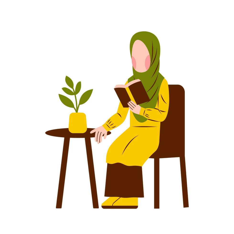 ilustración de hijab mujer leyendo libro vector