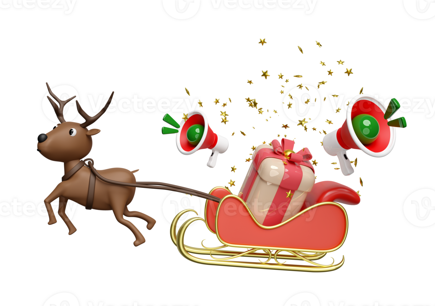 3d reindeer with sleigh, gift box, megaphone or hand speaker, announce promotion news. merry christmas and happy new year, 3d render illustration png