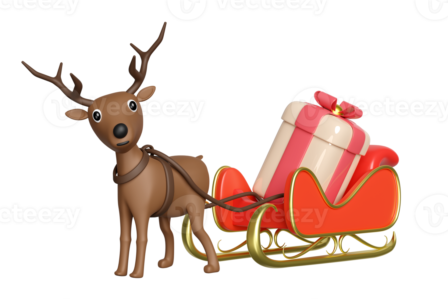 3d reindeer with sleigh, gift box. merry christmas and happy new year, 3d render illustration png