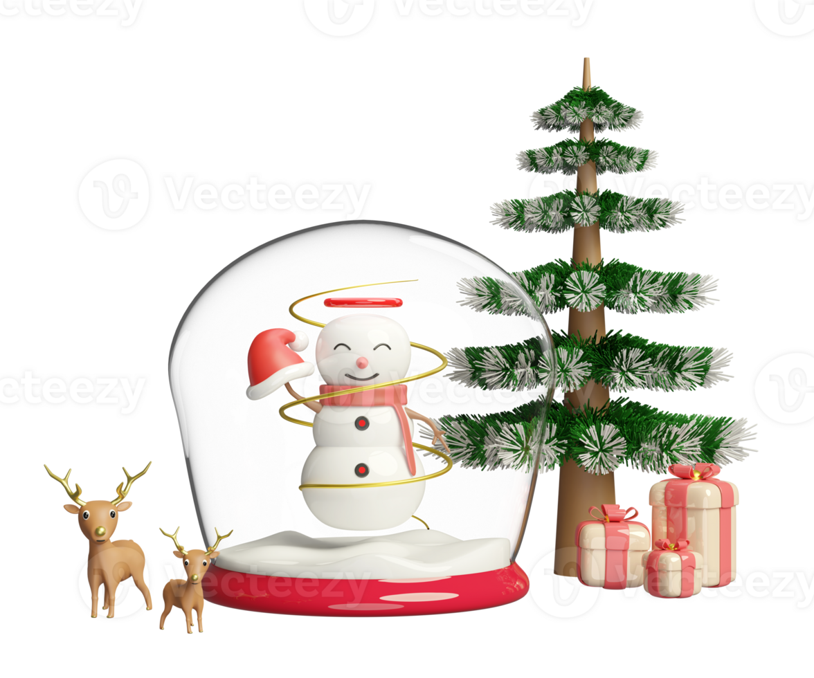 snow globe christmas decorative glass transparent with snowman holding Santa Claus hat, christmas tree, gift box, deer. merry christmas and happy new year, 3d render illustration png