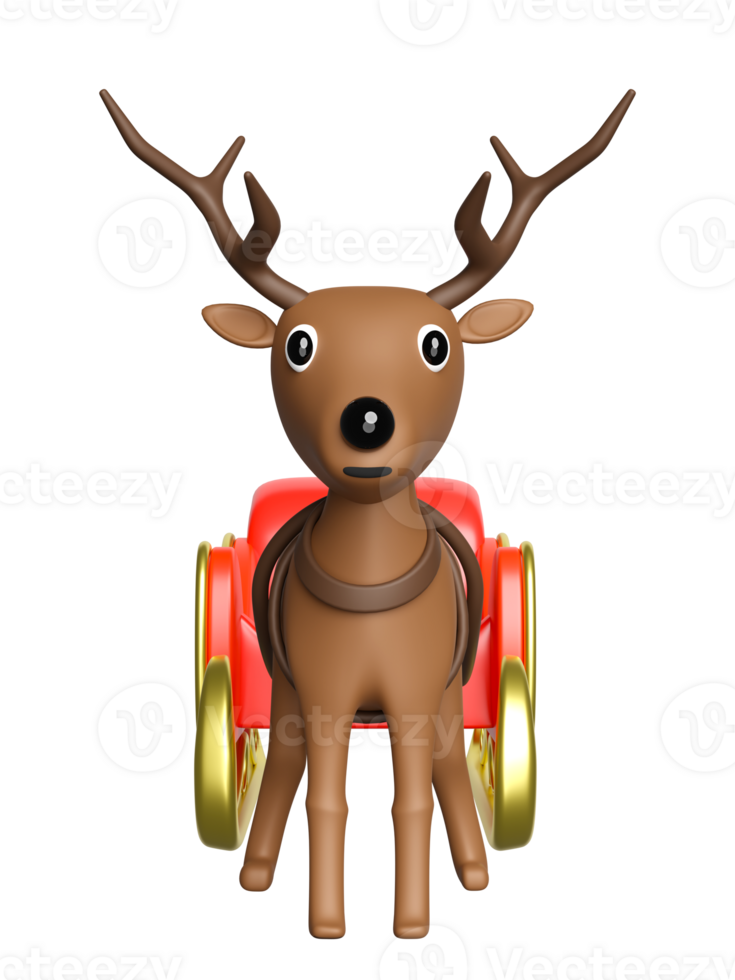 3d reindeer with sleigh. front view, merry christmas and happy new year, 3d render illustration png