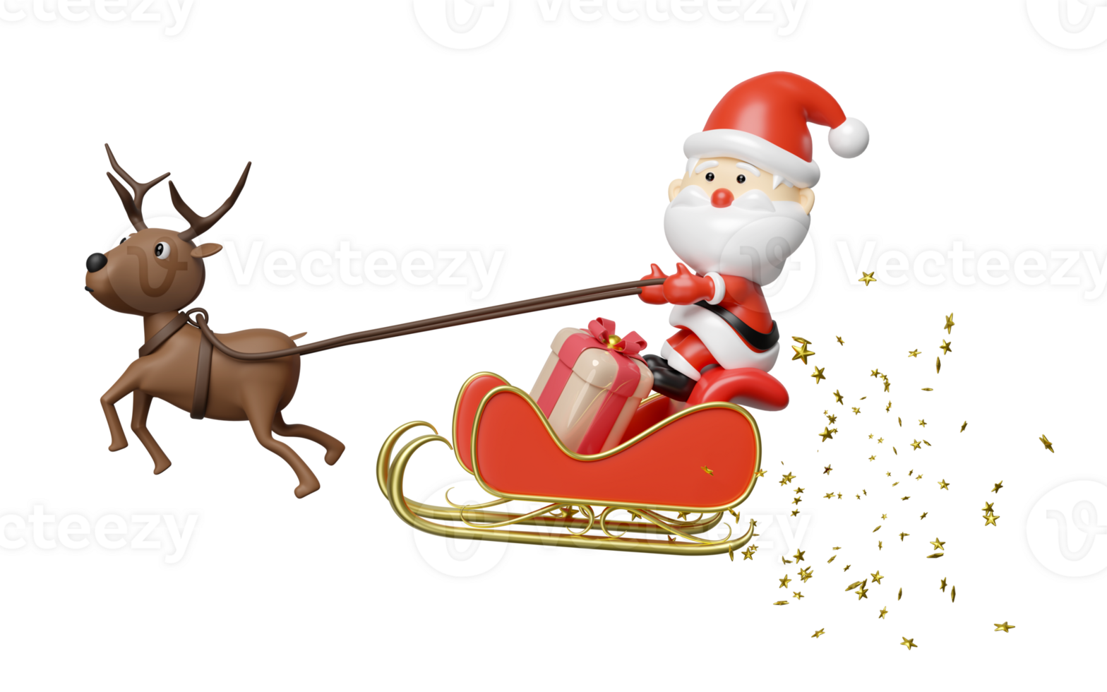 3d rendier met de kerstman claus, slee, geschenk doos. vrolijk Kerstmis en gelukkig nieuw jaar, 3d geven illustratie png