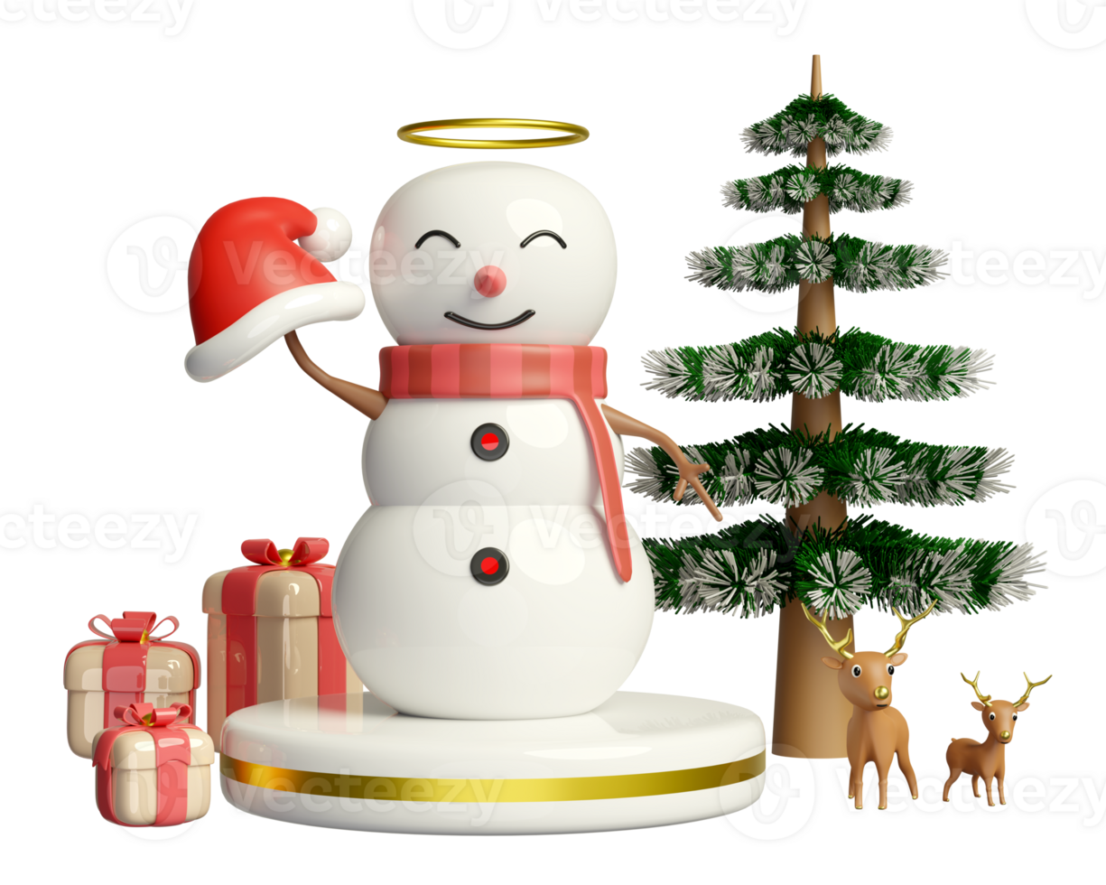 Schneemann halten Santa claus Hut auf Podium mit Weihnachten Baum, Geschenk Kasten, Reh. fröhlich Weihnachten und glücklich Neu Jahr, 3d machen Illustration png