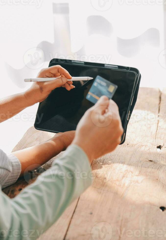 Shocked aged couple become victims of online fraud using credit card phone to pay for goods order service online on suspicious website. Frustrated older spouses overspending money at internet shopping photo