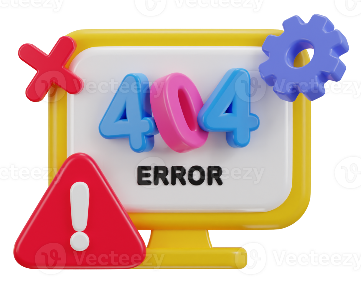 3d computer desktop showing alert error 404 page not found illustration png