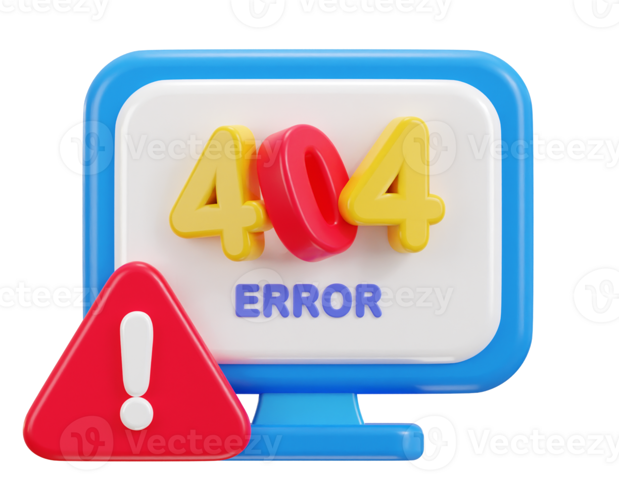 3d computer desktop showing alert error 404 page not found illustration png