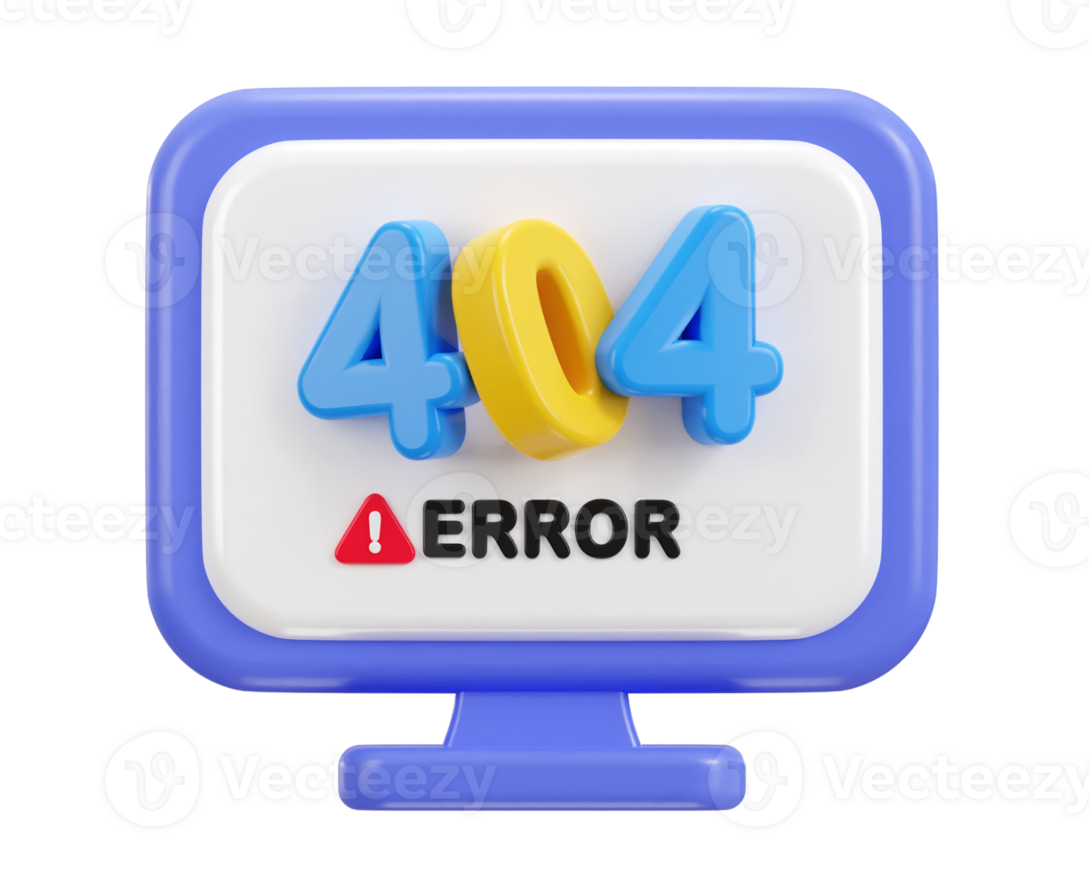 3d Computer Desktop zeigen warnen Error 404 Seite nicht gefunden Illustration png