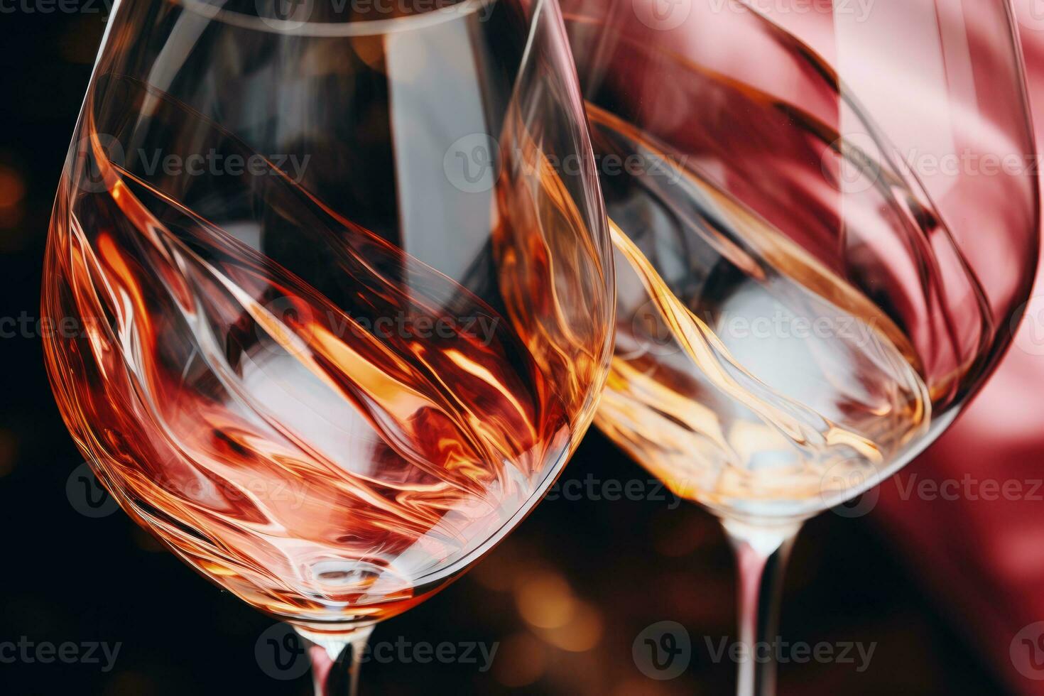 Macro details of swirling red and white wine in oversized crystal glasses captured in a palette of ruby red blush rose and crystalline clear photo