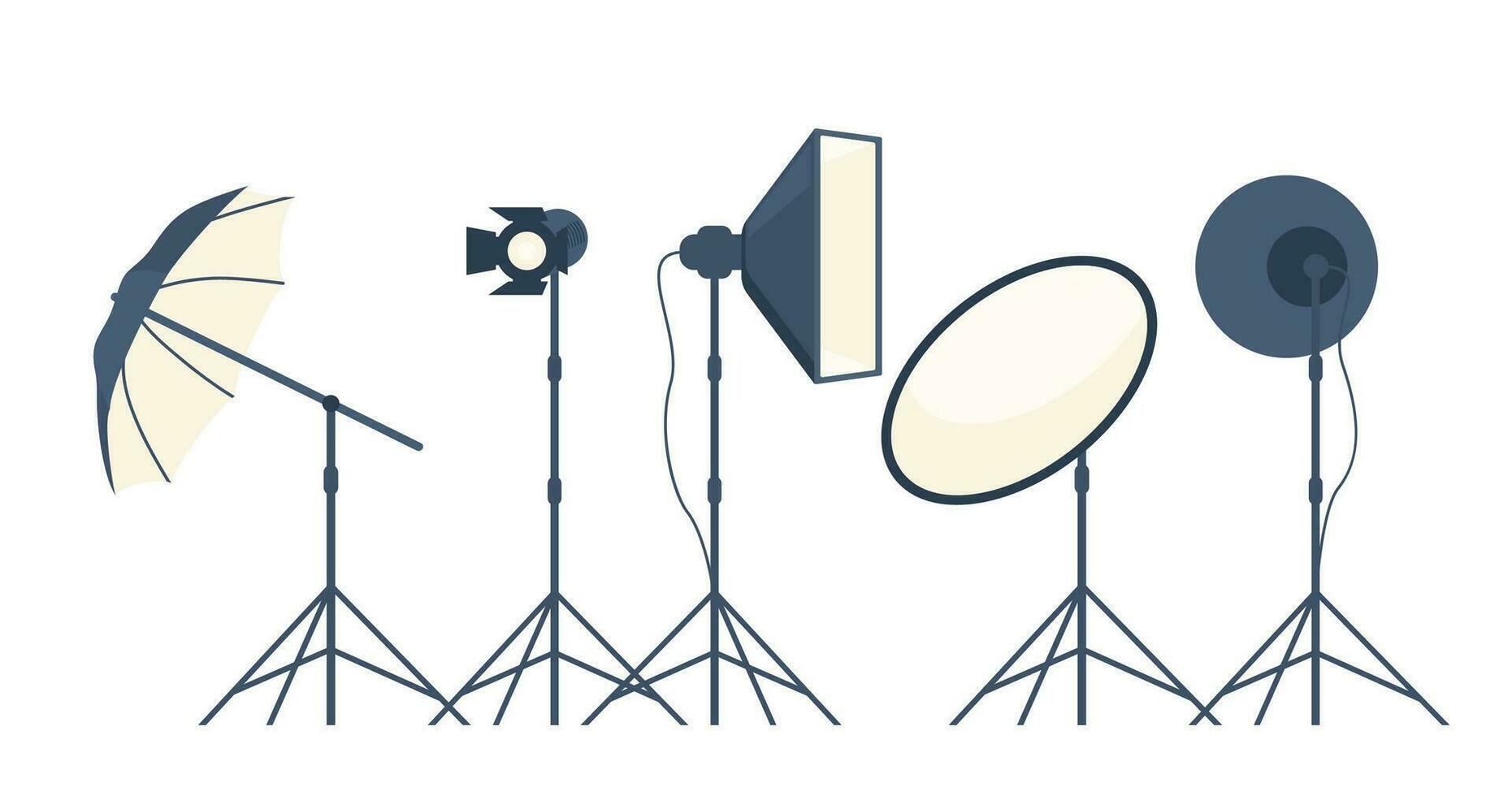 Different types of professional lighting equipment for blogging, vlogging and studio photo and video. Vector illustration.