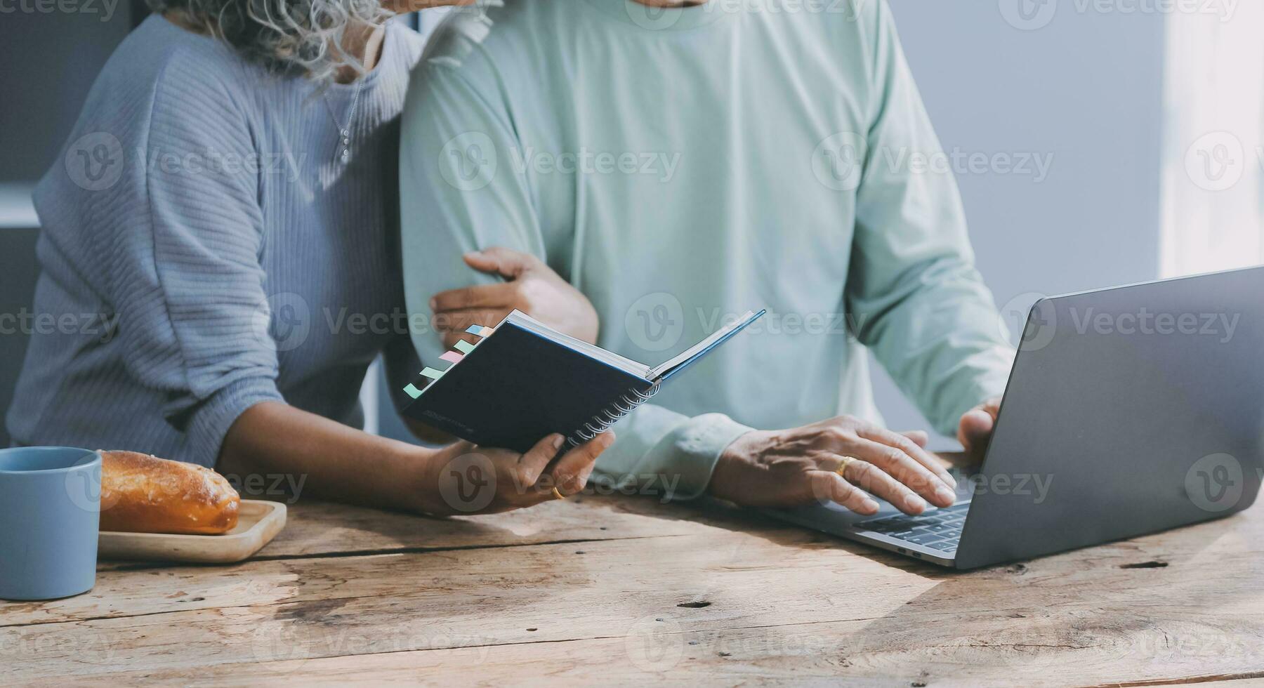 Happy mature couple using laptop at home photo