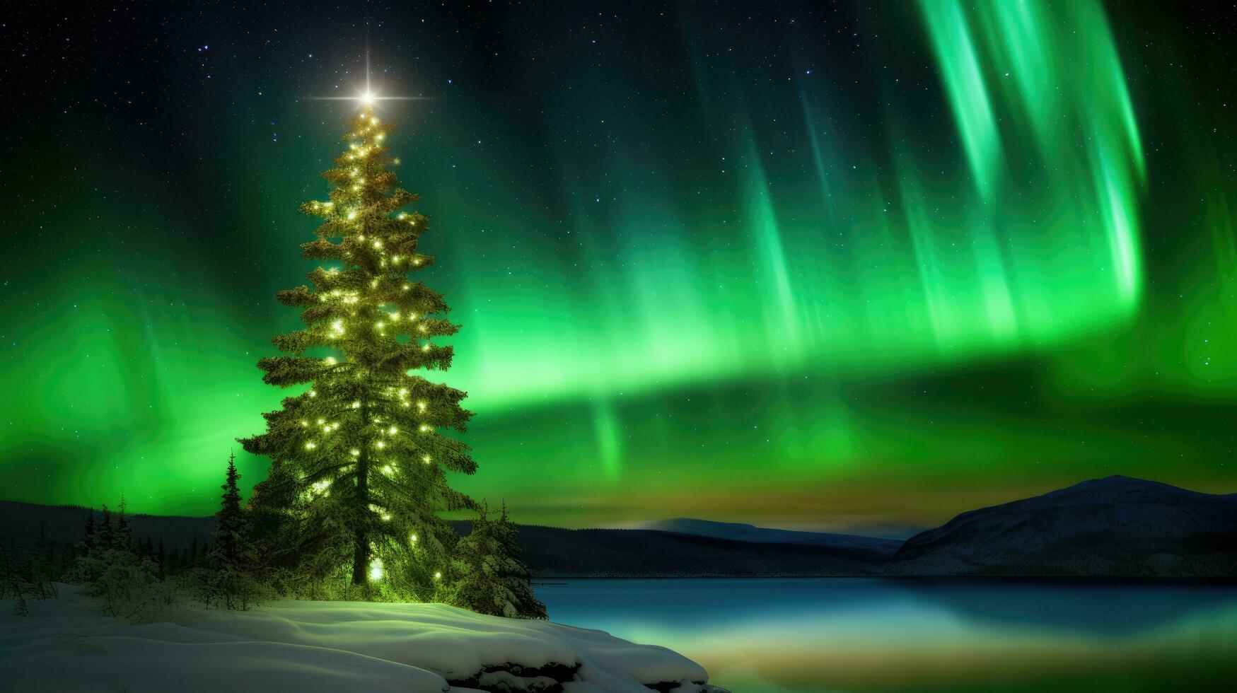 Winter landscape background with northern lights and and spruce with lights.  AI-Generated photo