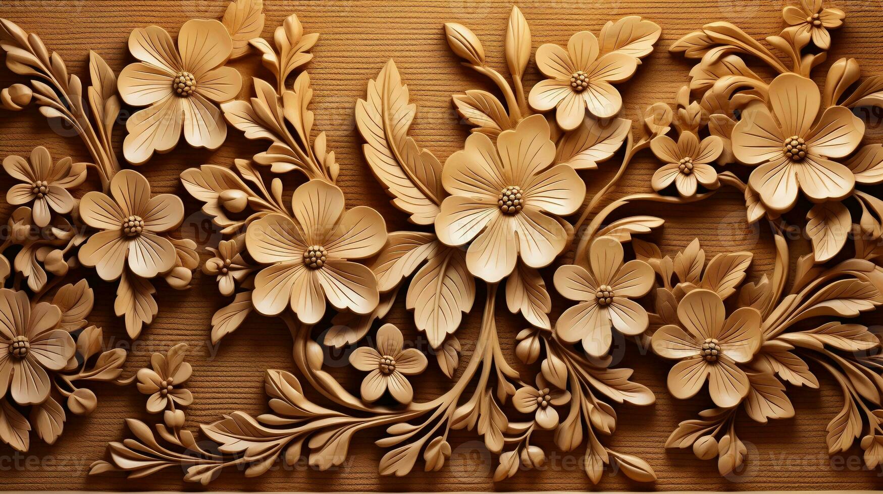 generativo ai, tallado natural de madera flores, 3d patrón, marrón y beige antecedentes foto