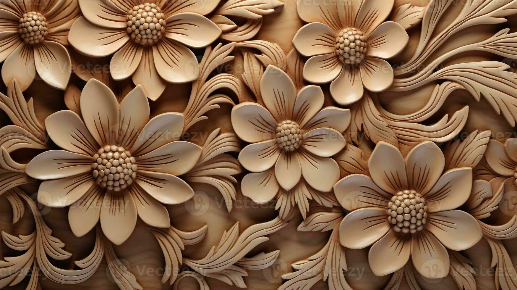 Generative AI, Carving natural wooden flowers, 3d pattern, brown and beige background photo
