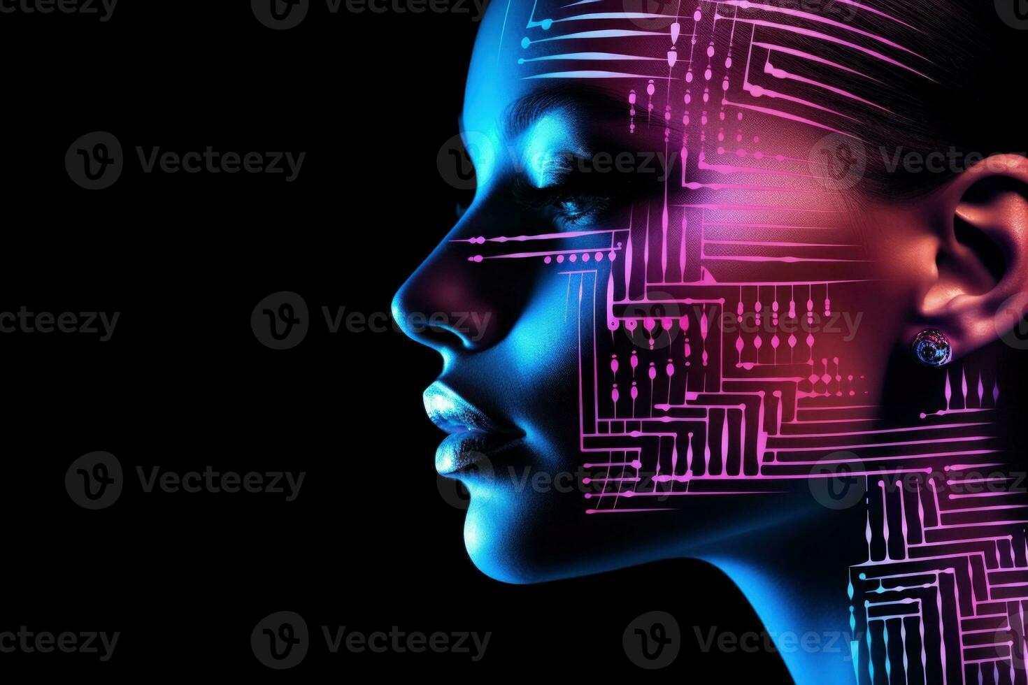 Tech glow faces in neon blue and pink tones isolated on a gradient cyber lime and grid grey background photo