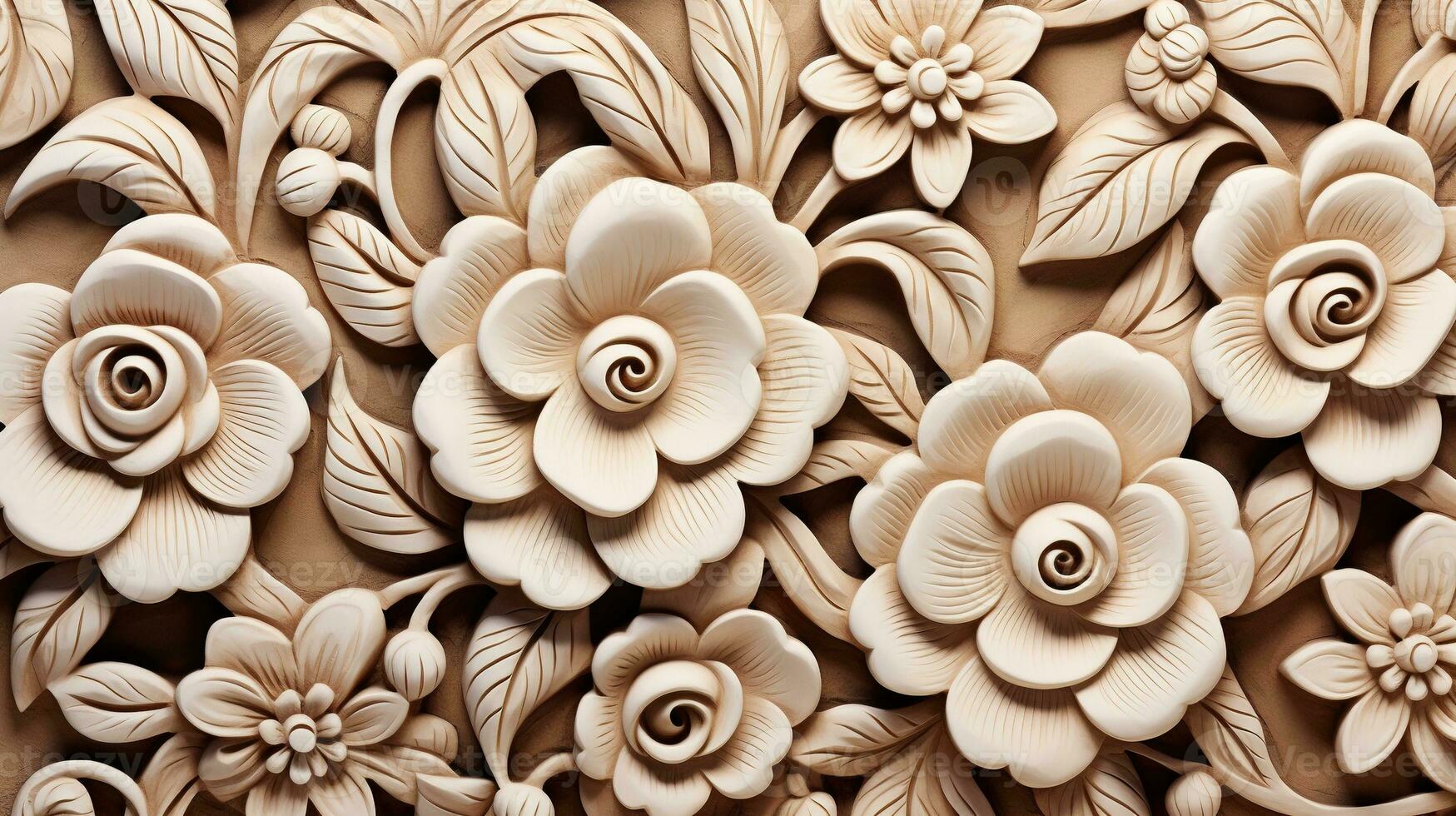 generativo ai, tallado natural de madera flores, 3d patrón, marrón y beige antecedentes foto