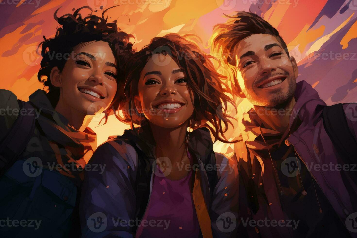 Diverse group selfie at cultural festival isolated on a gradient background of plum purple sunset orange night sky navy and festival gold photo