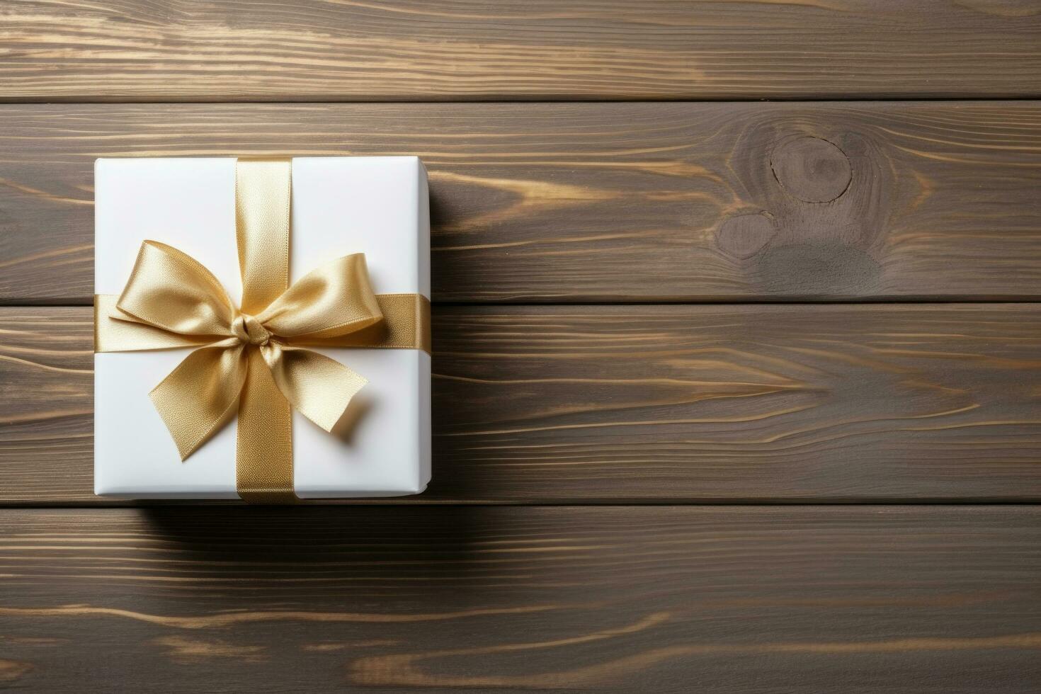 Gift box with golden ribbon and bow on the wooden table top. Holiday gift with Birthday or Christmas present, top view. Generated by artificial intelligence photo