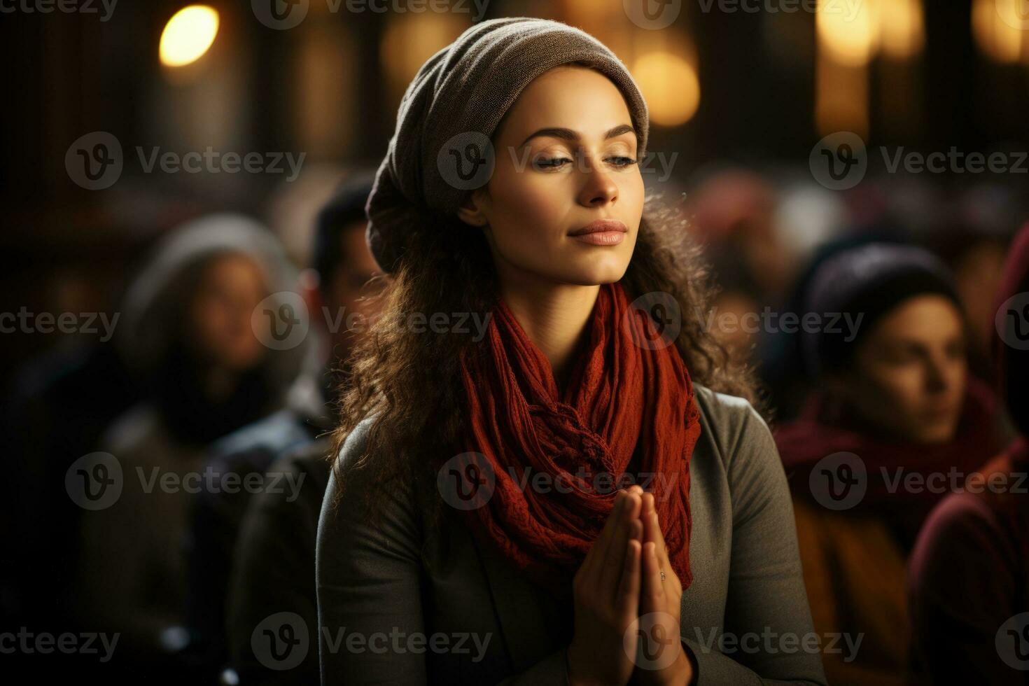 Spiritual moments of multi ethnic prayer reflecting in serene hues of meditation photo