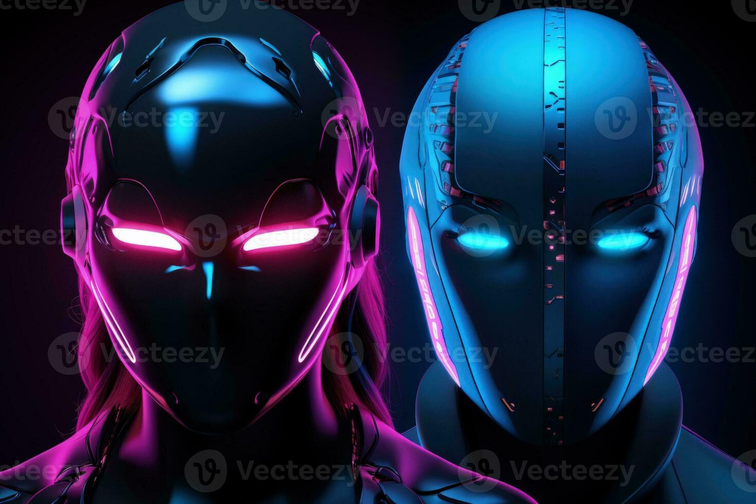 Tech glow faces in neon blue and pink tones isolated on a gradient cyber lime and grid grey background photo