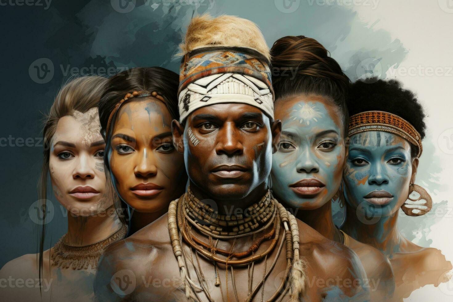Montage of unique faces in traditional attire isolated on a gradient background of cool blues deep mocha pearl white and slate grey photo