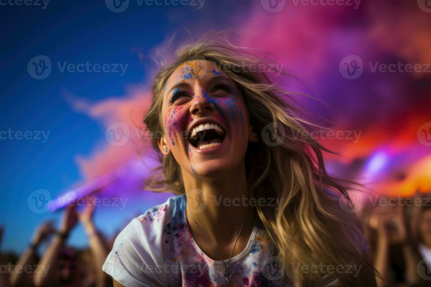 Global reactions at festivals in electric violet spotlight white applause red and gold photo