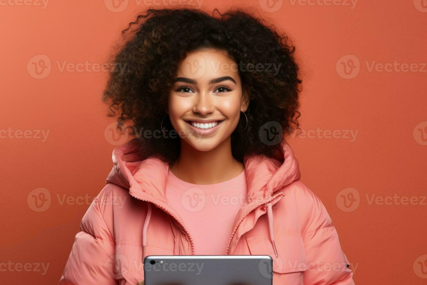 Gen Z individual with digital tablet isolated on a vibrant coral gradient background photo